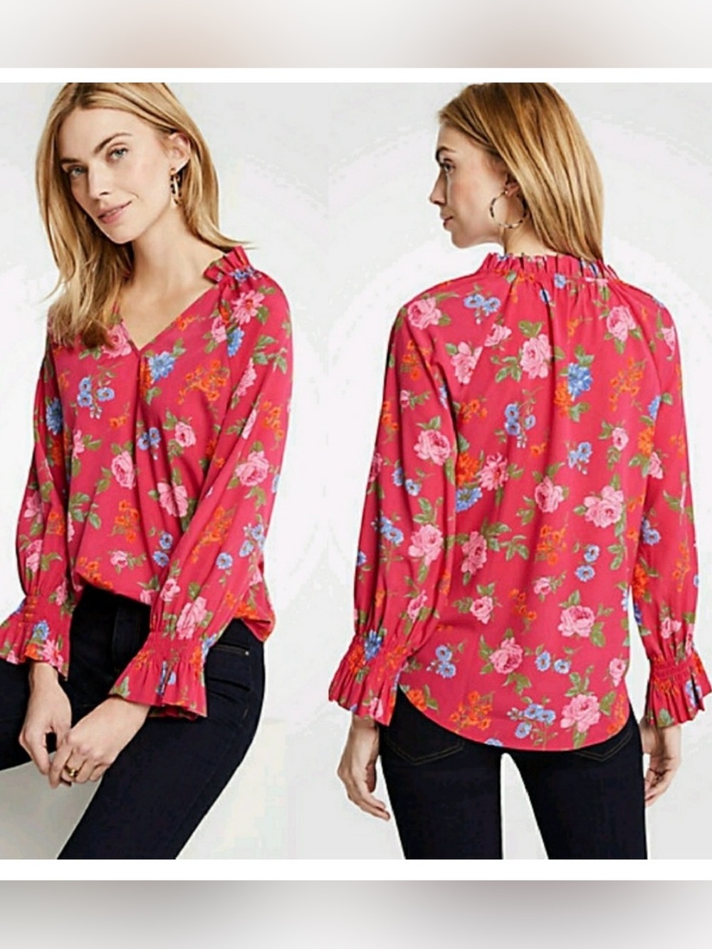 Ann Taylor Floral V-Neck Long-Sleeve Blouse - Hot Pink